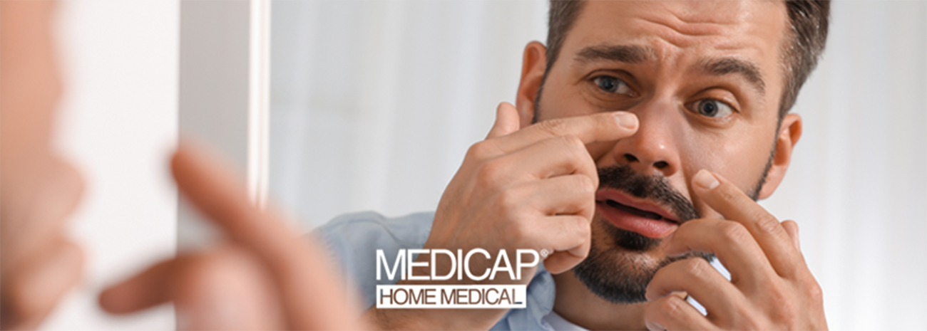 Man looking at face in the mirror because he has CPAP marks on it