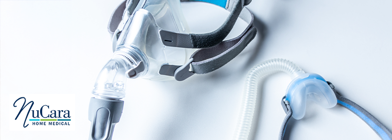 CPAP Mask on white background with NuCara Home Medical Logo
