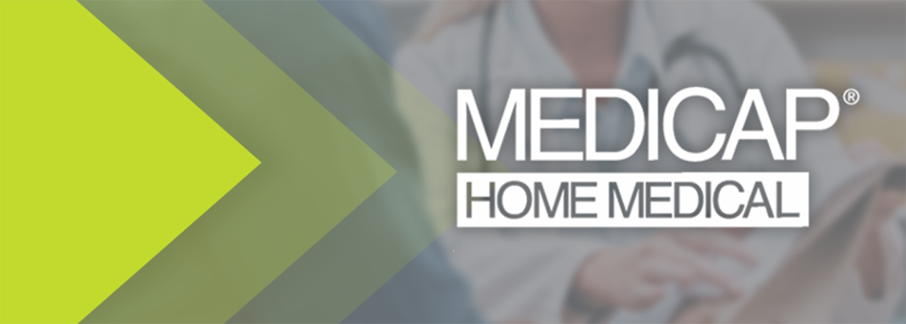 Image shows Medicap Home Medical logo with green arrows from left corner and blurred medical practitioner in background