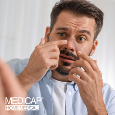 Man looking at face in the mirror because he has CPAP marks on it