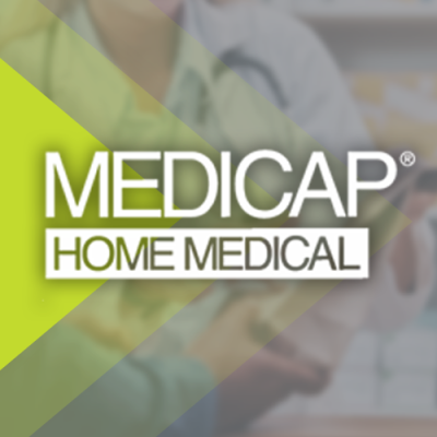 Image shows Medicap Home Medical logo with green arrows from left side and blurred medical practitioner in background