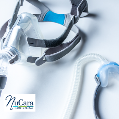 CPAP Mask on white background with NuCara Home Medical Logo